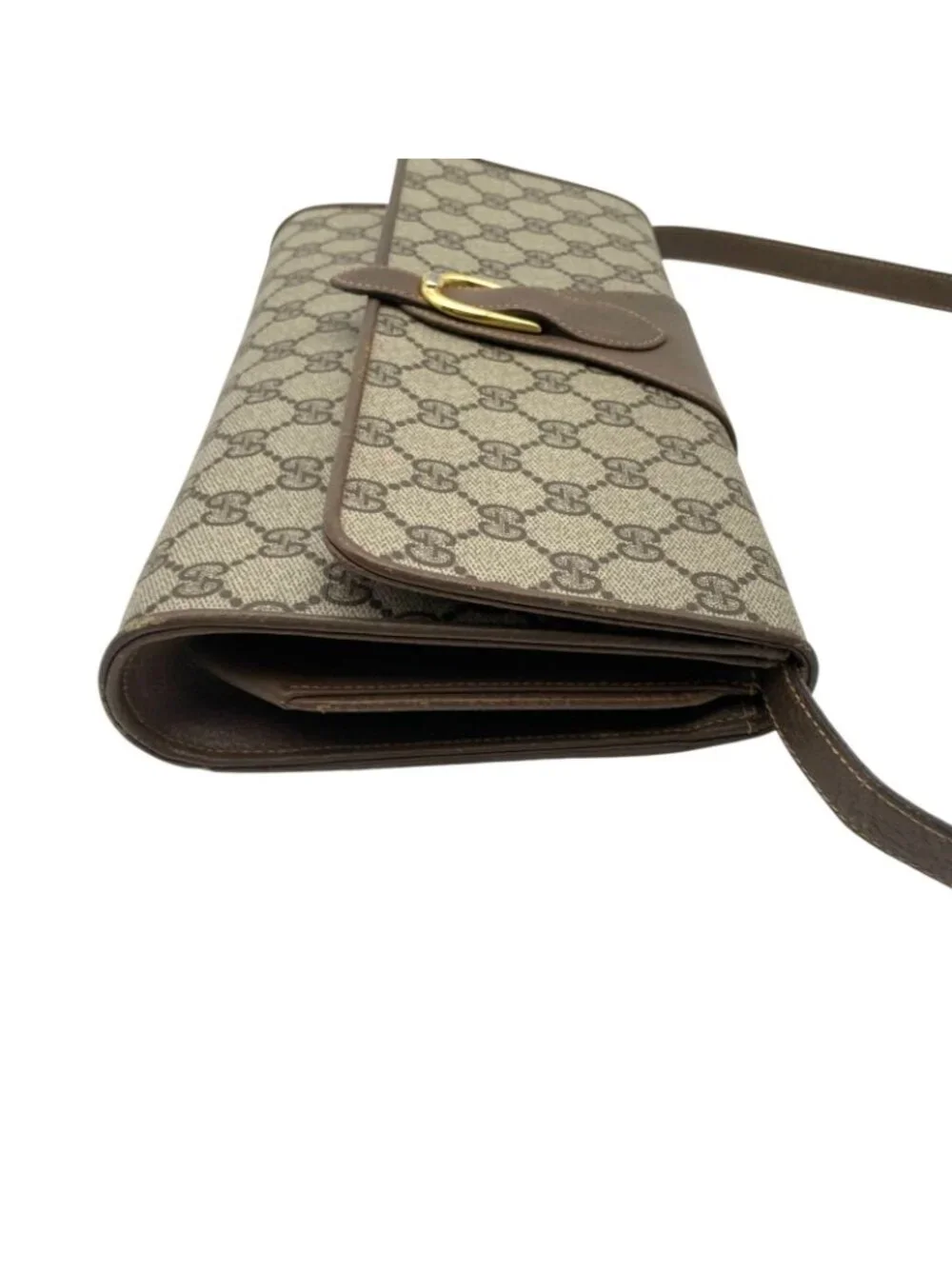 Gucci Shoulder Bag Crossbody Vintage GG Plus Leather Gray Brown Gold Simple